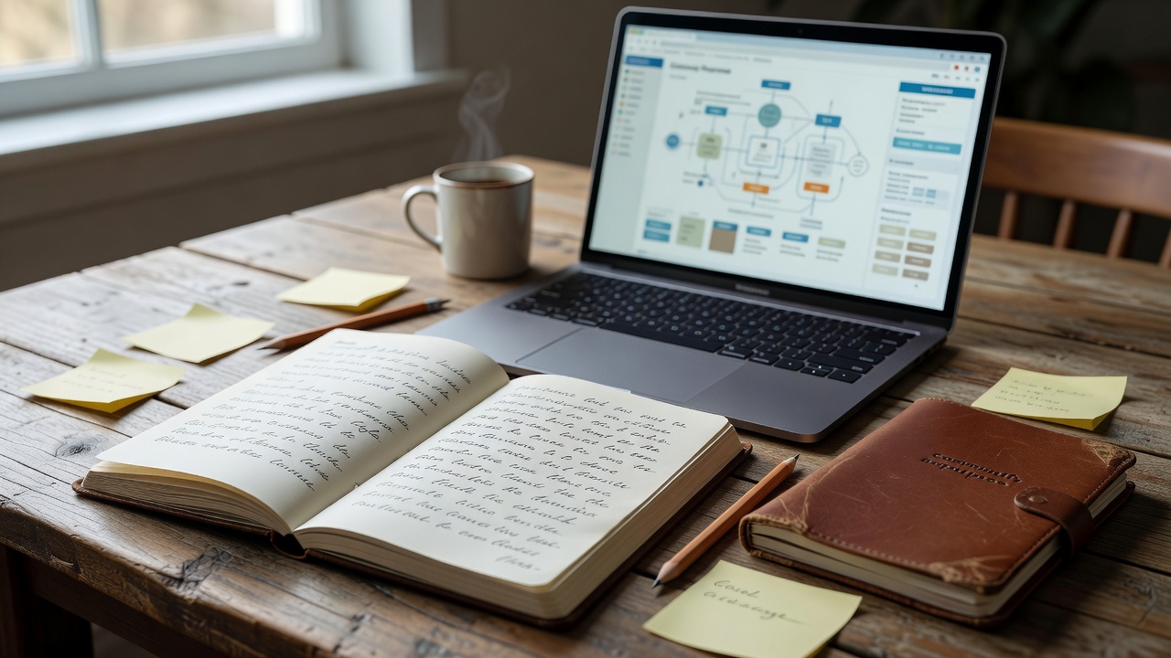 Open notebook with handwritten purpose statements beside a laptop used for community planning