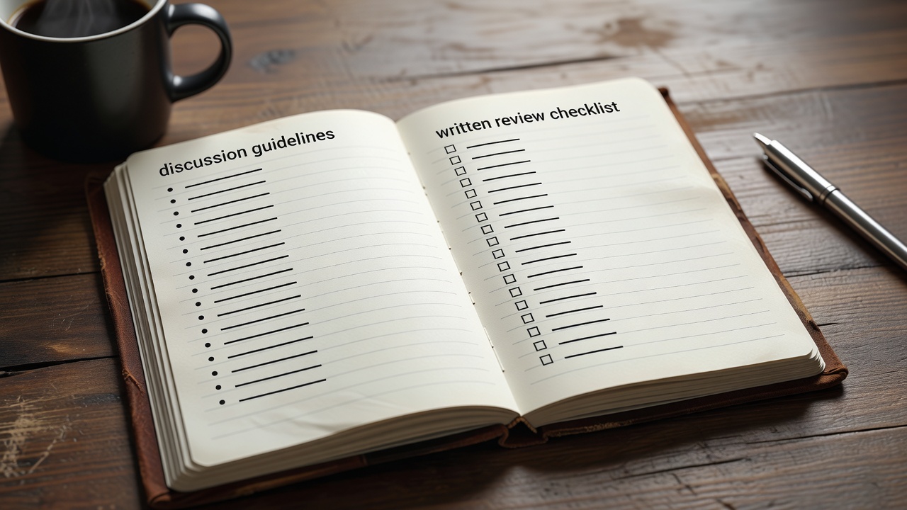 Close-up of a moderator’s notebook with discussion guidelines and a written review checklist