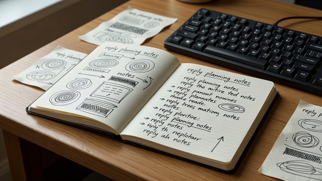 Handwritten reply priorities beside a keyboard and an open planning notebook
